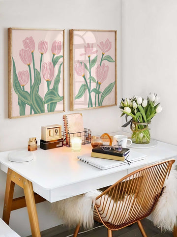 Mid-Century Floral Print, Flower Market Print, Botanical Flowers decor, Green pink beige floral, Set of 2 Prints, Tulip Wall Art